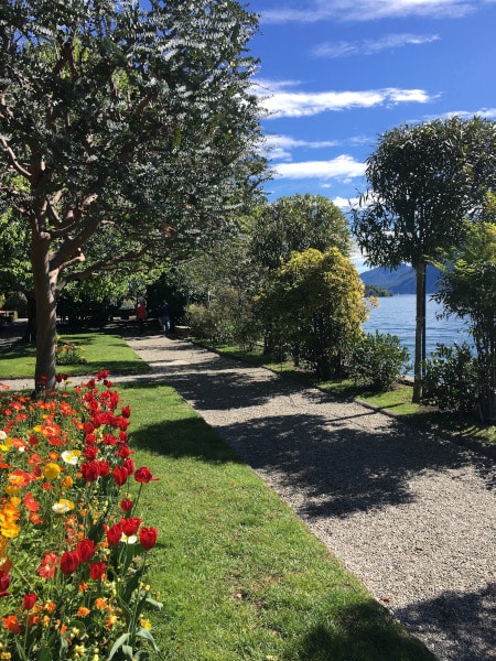 sentiero sterrato vista lago con fiori colorati