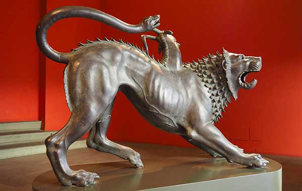 chimera d'arezzo su sfondo rosso