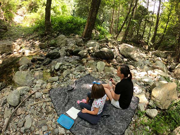 mamma e bimba fanno pic nic nel bosco