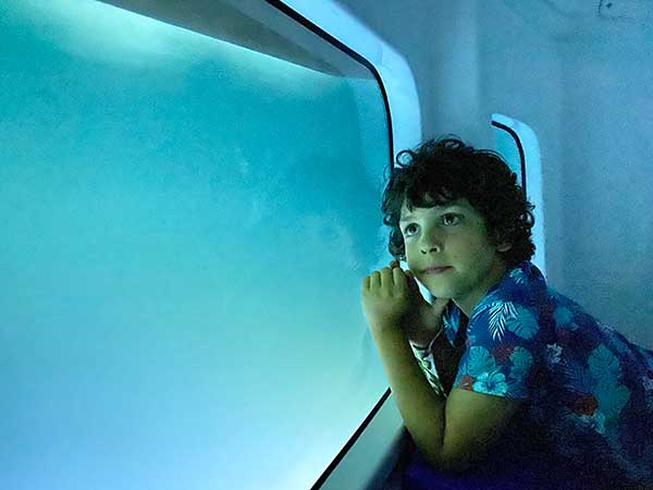 bambino guarda fuori dal vetro di un sottomarino