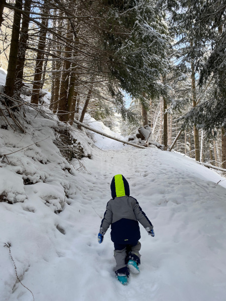 Bambino cammina nel bosco innevato