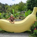 bambino seduto su un'enorme banana a Madeira
