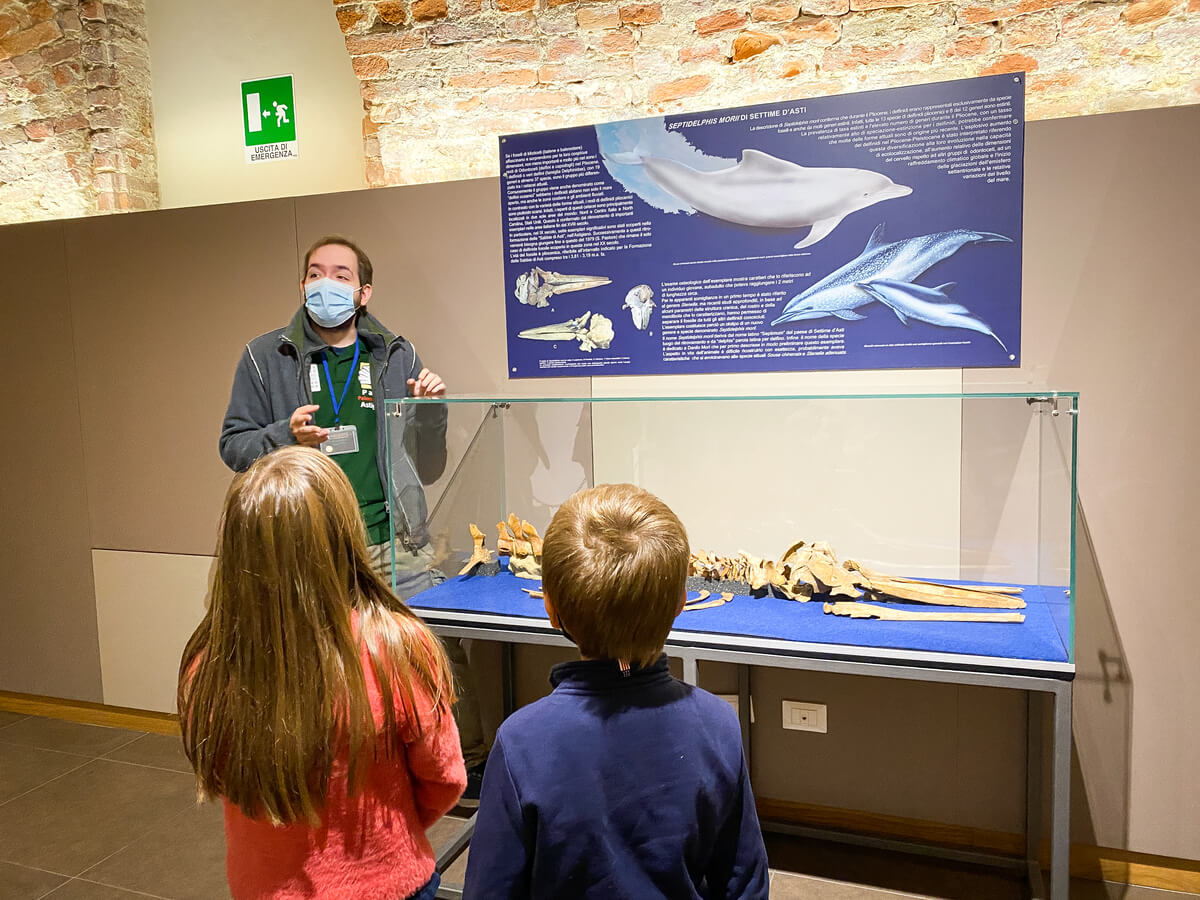 bambini ascoltano la guida al museo paleontologico
