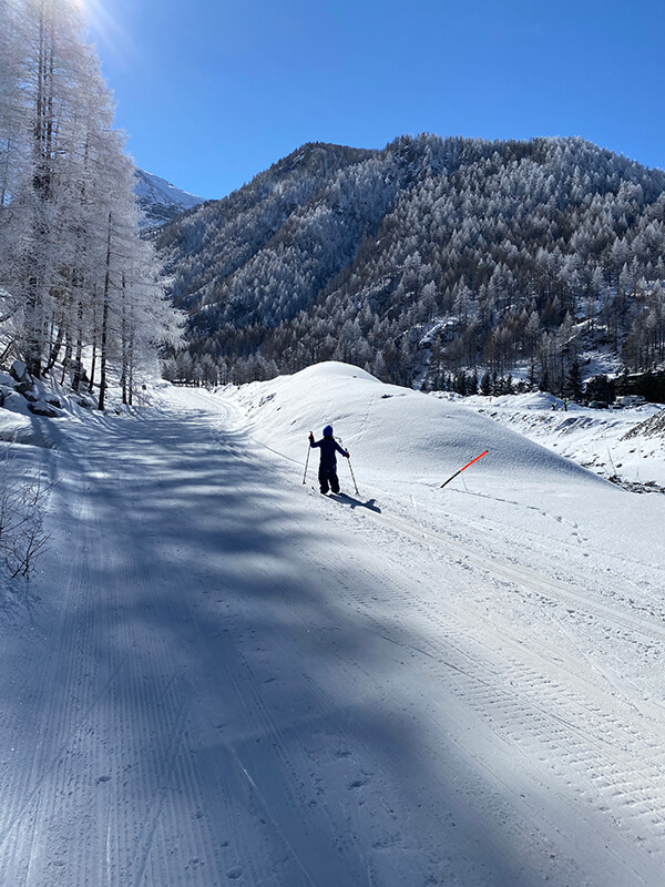 bambino fa sci di fondo sulla pista in montagna