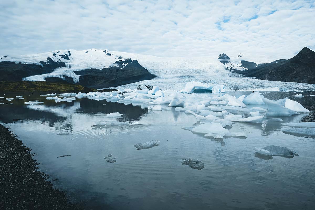 laguna glaciale di Fjallsárlón con iceberg che galleggiano le lago e sullo sfondo il ghiacciaio