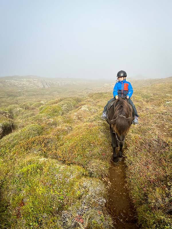 bambina a cavallo in un sentiero in Islanda