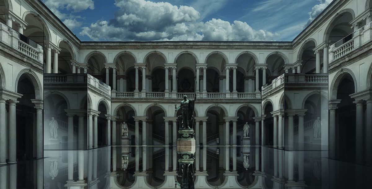 illustrazione dell'installazione a Brera con il pavimento a specchio che riflette il cortile dell'accademia