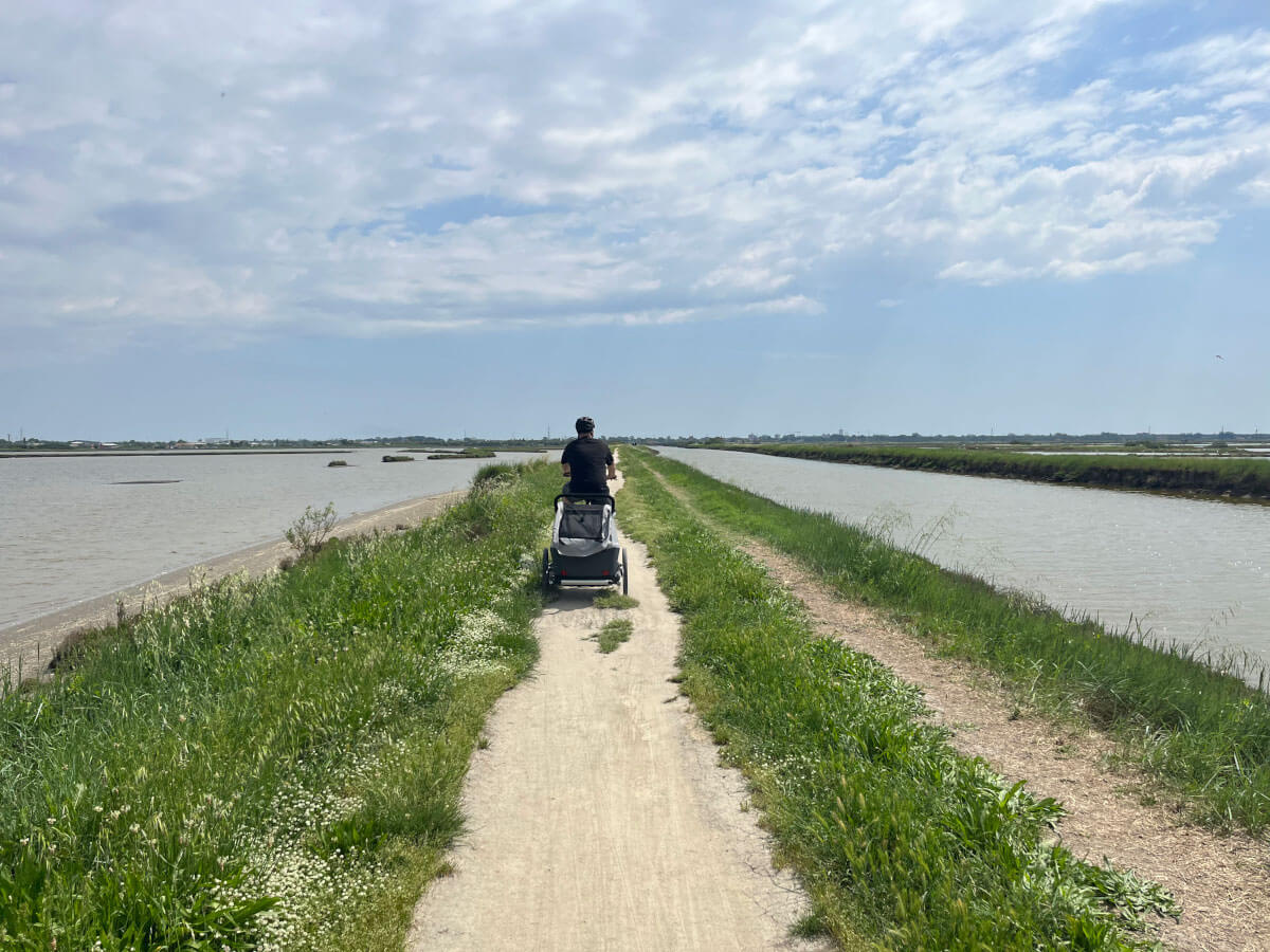 papà con carrellino sulla ciclabile in mezzo alla laguna 