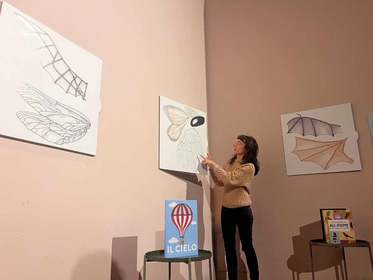 guida della mostra racconta i pannelli con ali dei vari animali