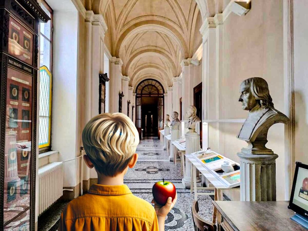 Bambino di spalle con una mela in mano nel corridoio del museo della frutta