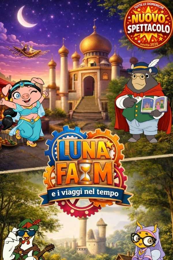 locandina con le mascotte di Luna Farm per il nuovo spettacolo viaggi nel tempo
